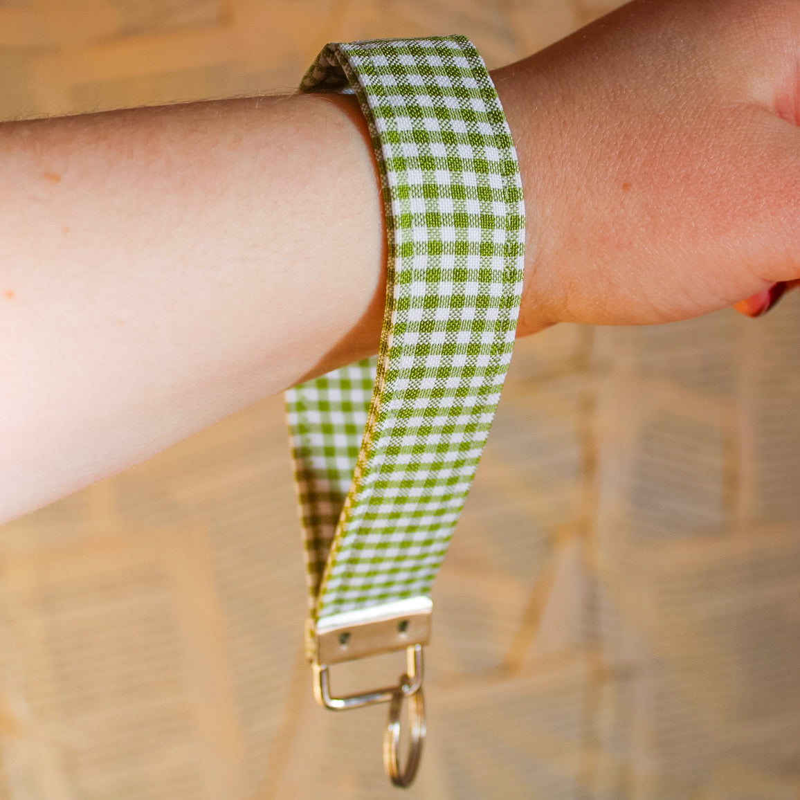 Green Gingham Cotton Key Fob Wristlet